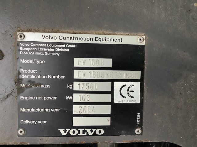 2004 volvo ew 160b banden graafmachine - afbeelding 13 van  20