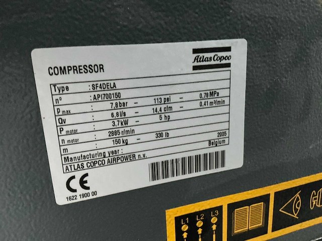 2005 atlas copco sf4 ff workplace airsystem schroefcompressor oil free. speciaal geschikt voor voedingsindustrie. - afbeelding 4 van  5