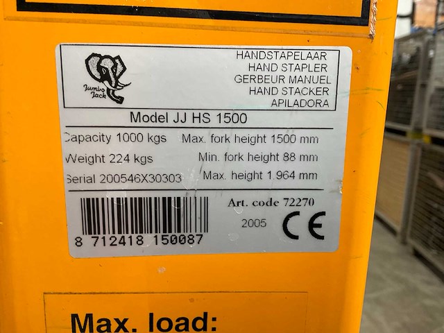 2005 heavy load mover jj hs 1500 hand stapelaar - afbeelding 5 van  6