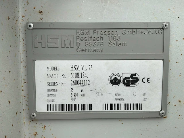 2005 hsm vl75 professionele verticale balenpers - afbeelding 10 van  13