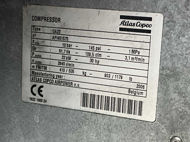 2006 atlas copco ga22 luchtcompressor - afbeelding 8 van  8