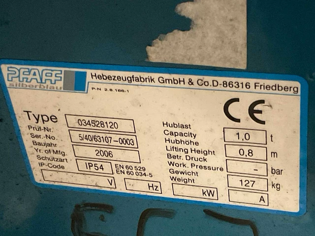 2006 pfaff 034528120 hand hydraulische palletwagen - afbeelding 1 van  5
