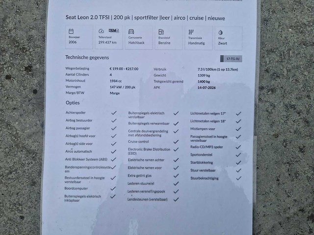 2006 seat leon 2.0 tfsi fr personenauto - afbeelding 10 van  18