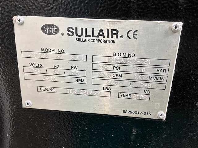 2006 sullair ws0708 ac sull schroefcompressor met koeldroger - afbeelding 6 van  9