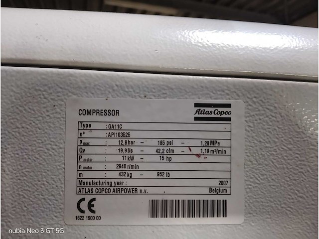2007 atlas copco ga11ff schroefcompressor op ketel met geïntegreerde droger (11 kw) – (full feature / tank mounted) - hoge druk 13 bar! - afbeelding 3 van  4