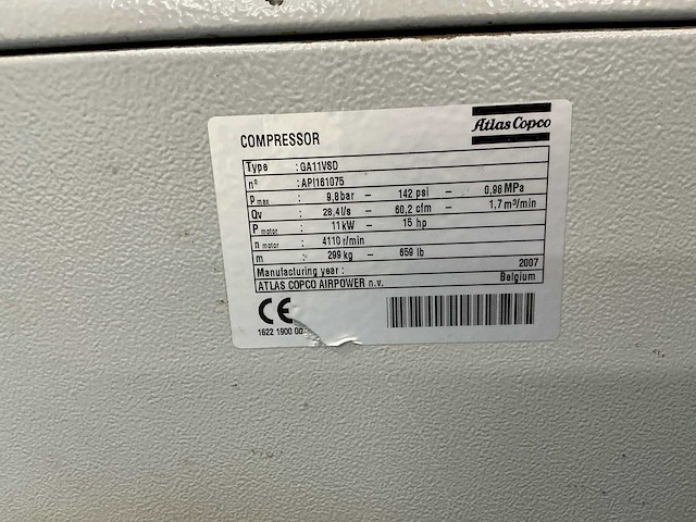 2007 atlas copco ga11vsdff schroefcompressor - afbeelding 6 van  18