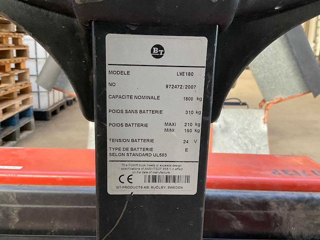 2007 bt lwe 180 elektrische palletwagen - afbeelding 8 van  8