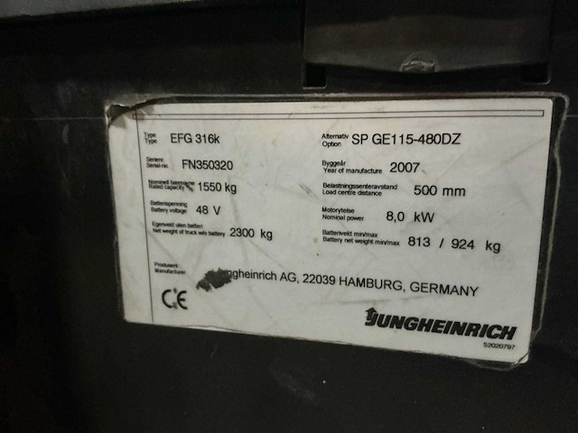 2007 jungheinrich efg316k vorkheftruck - afbeelding 10 van  19