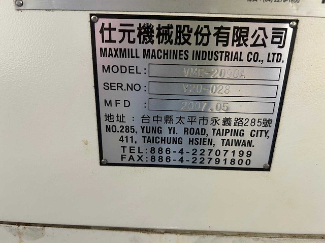 2007 maxmill vmc-2090a cnc universele machinecentrum - afbeelding 11 van  14