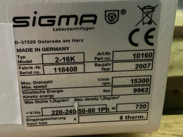 2007 sigma 2-16k centrifuge - afbeelding 8 van  8