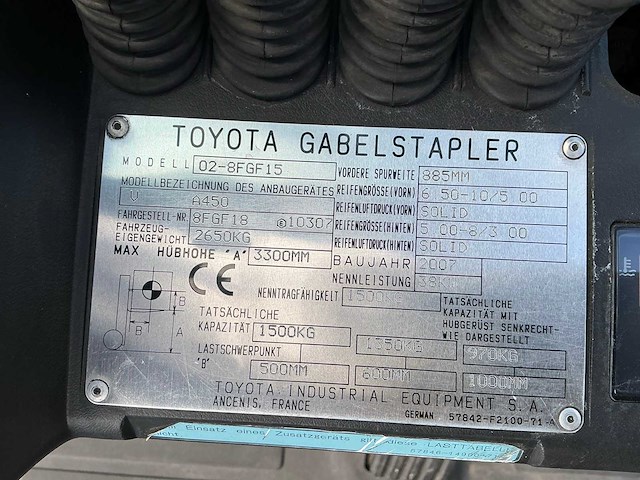 2007 toyota 02-8fgf15 vorkheftruck - afbeelding 13 van  15