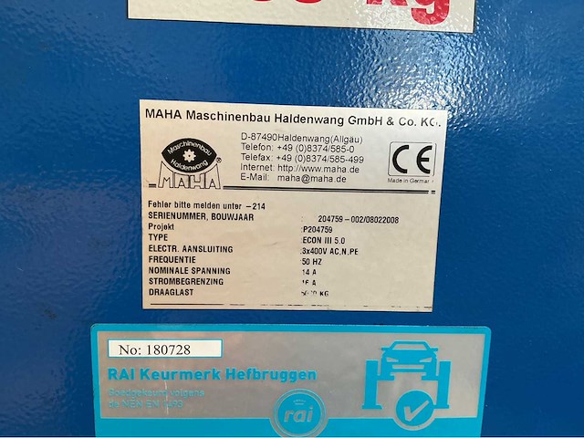 2008 maha econ iii 5.0 hefbrug 2 koloms auto lift - afbeelding 5 van  6