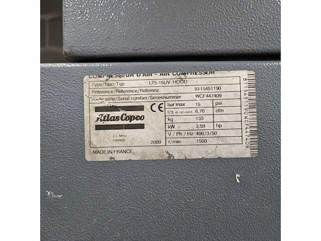 2009 - atlas copco - lt5-15uv hood - air compressors - afbeelding 2 van  2