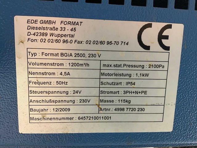 2009 ede format bgia 2500 lasdampafzuiginstallatie - afbeelding 6 van  6
