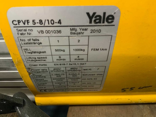 2010 yale cpvf 5-8/ 10-4 elektrische kettingtakel (2x) - afbeelding 6 van  6