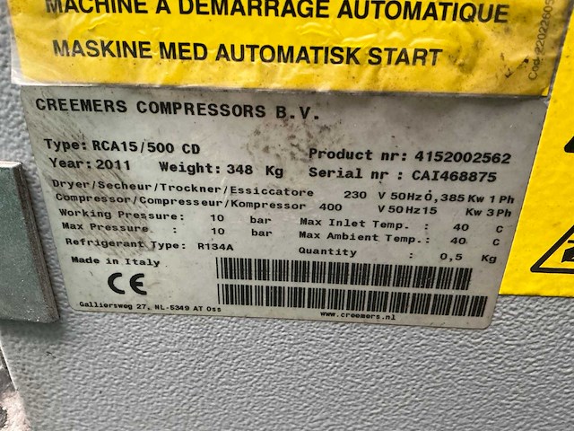 2011 creemers rca15/500cd schroefcompressor - afbeelding 6 van  13