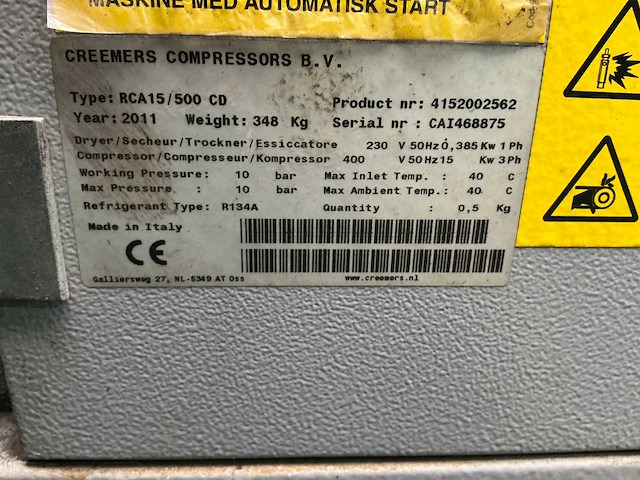 2011 creemers rca15/500cd schroefcompressor - afbeelding 12 van  13