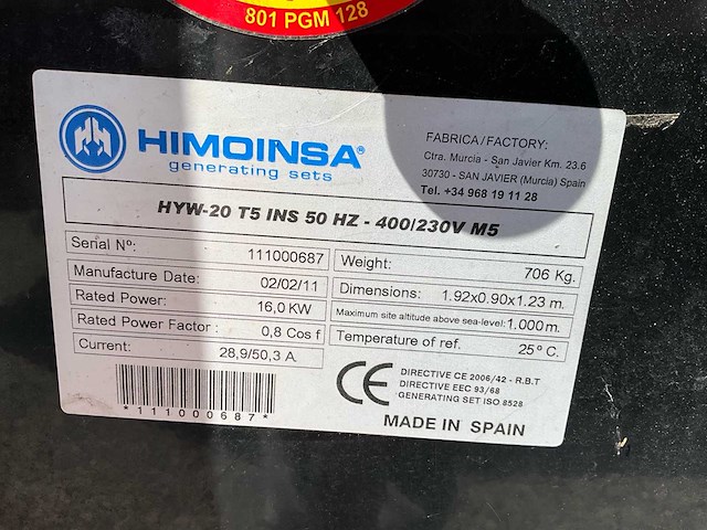 2011 himoinsa hyw 20 stroomgenerator 20kva- geluidgedempt - diesel - afbeelding 5 van  19