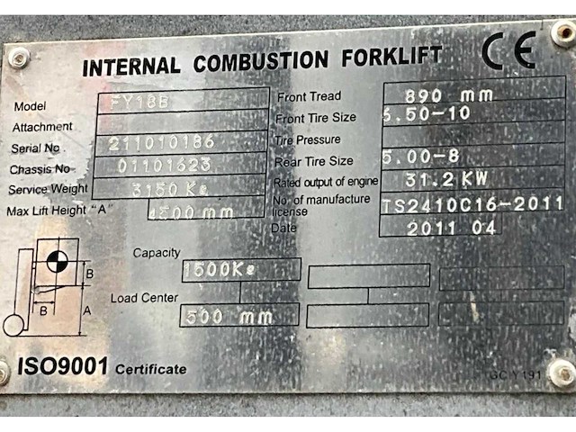 2011 internal conbustion forklift fy18b vorkheftruck - afbeelding 15 van  21