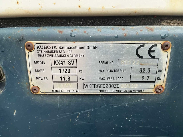 2011 kubota kx41-3v minigraver – 1.720 kg – 1.000 mm bak - afbeelding 23 van  31