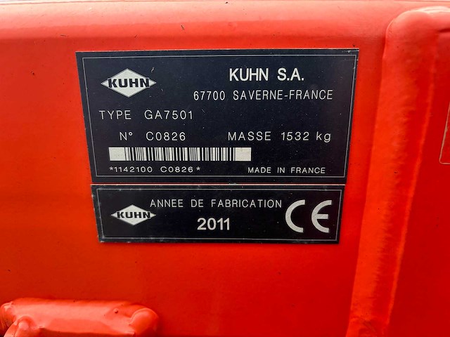 2011 kuhn ga 7501 dubbele rotor hark - afbeelding 8 van  8