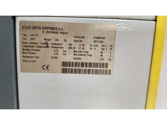 2012 atlas copco ga11ff schroefcompressor met geïntegreerde droger (11 kw) – (full feature) – slechts 19.274 uren! - afbeelding 7 van  9