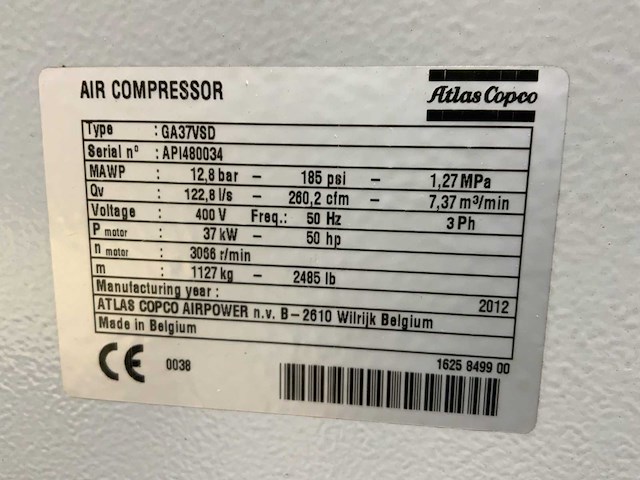 2012 atlas copco ga37vsd luchtcompressor - afbeelding 7 van  7