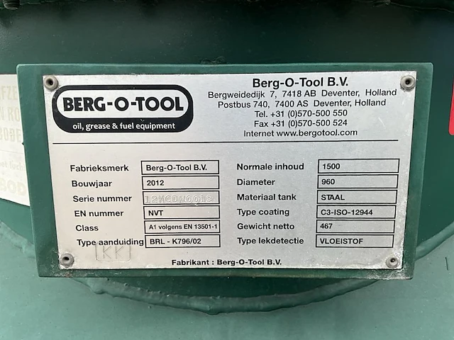 2012 berg-o-tool diesel opslag tank (1500l) - afbeelding 6 van  6