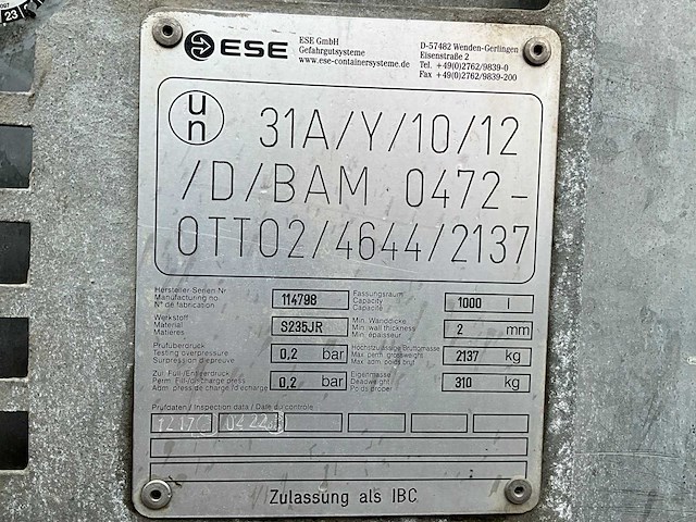 2012 ese asf 1000 dw brandstof opslagtank - afbeelding 9 van  9