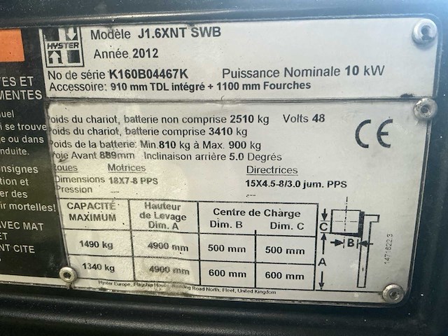 2012 hyster j1.6xnt swb vorkheftruck - afbeelding 30 van  36