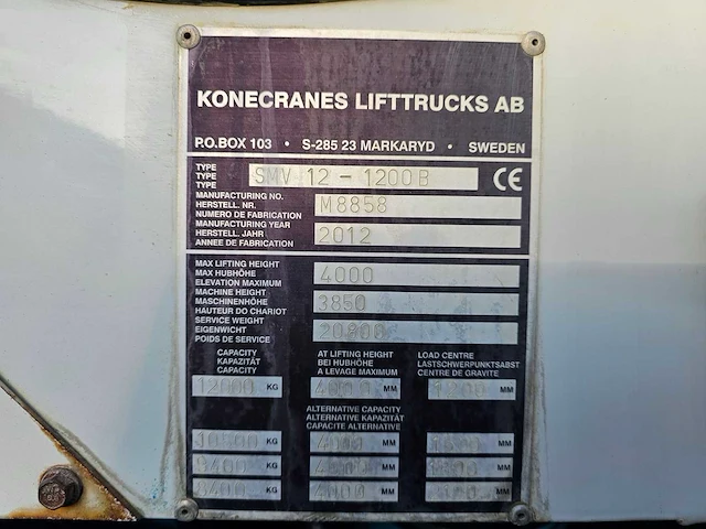 2012 konecranes smv 12-1200 b 12-tons diesel heftruck – 4.000 mm – vorkversteller - afbeelding 7 van  21