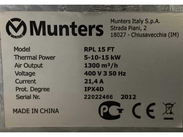 2012 munters rpl 15ft industriële heater - afbeelding 3 van  5