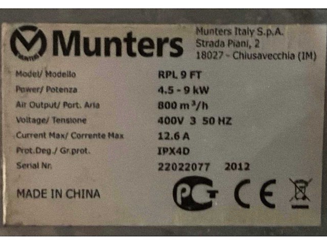 2012 munters rpl 9ft industriële heater - afbeelding 3 van  5