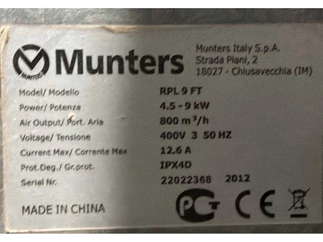 2012 munters rpl 9ft industriële heater - afbeelding 5 van  5