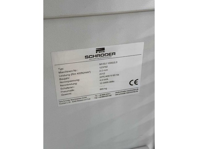 2012 schröder mhsu 1000/2 guillotineschaar - afbeelding 2 van  7