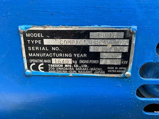 2012 takeuchi tb 016 rupsgraafmachine - afbeelding 10 van  15
