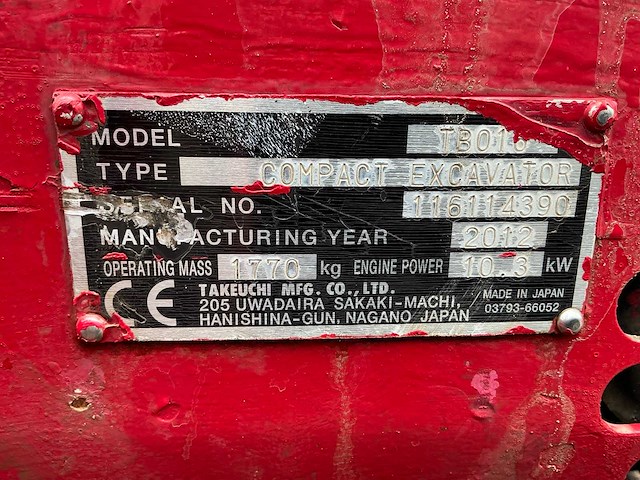 2012 takeuchi tb016 minigraafmachine - afbeelding 26 van  32