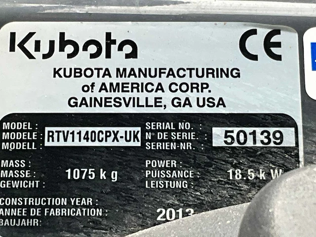 2013 kubota rtv1140 cpx-uk atv / rtv / utv site carrier - afbeelding 25 van  31