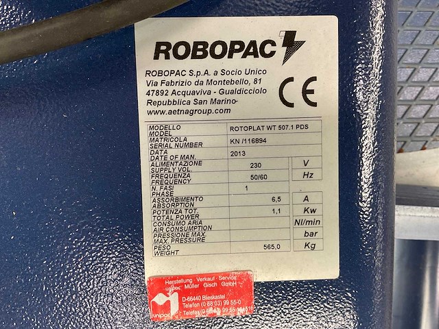 2013 robopac rotoplat wt 507.1 pds palletfoliewikkelaar - afbeelding 7 van  8