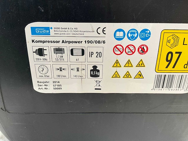 2014 güde airpower 190/08/06 luchtcompressor - afbeelding 5 van  5