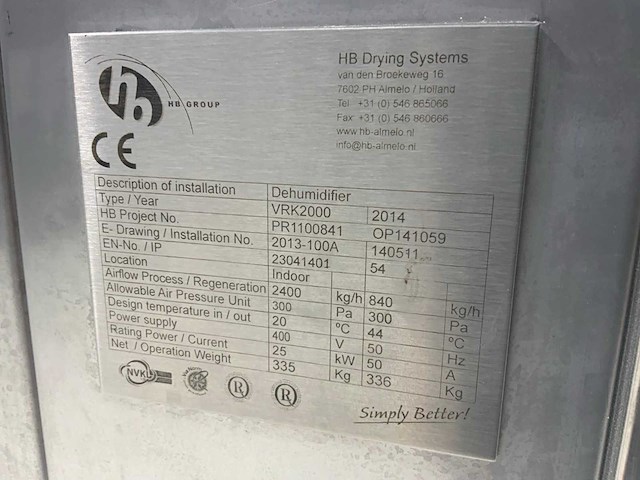 2014 hb drying systems vrk 2000 absorbtiedroger food grade - afbeelding 5 van  5