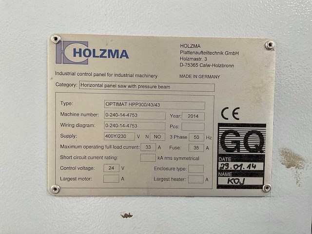 2014 holzma optimat hpp 300/43/43 cnc platen opdeelzaagmachine - afbeelding 19 van  23