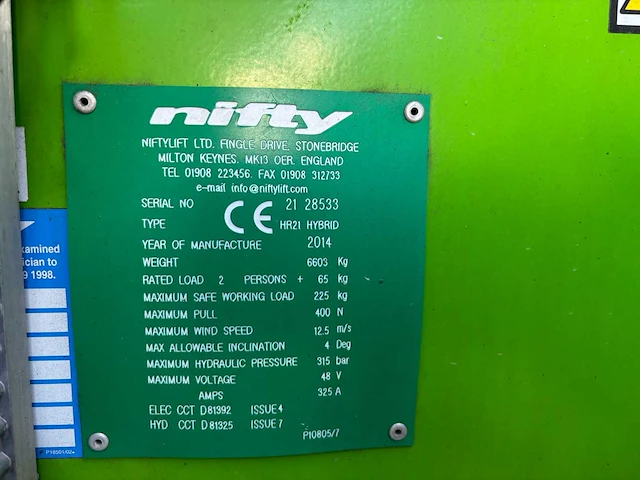 2014 nifty hr21 hybrid hoogwerker - afbeelding 15 van  15