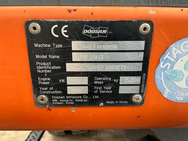 2015 - doosan - dx140-3 - wheeled excavator - afbeelding 10 van  35