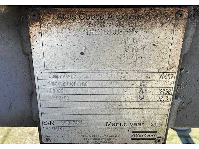 2015 atlas copco xas57 compressor aanhangwagen - afbeelding 11 van  15