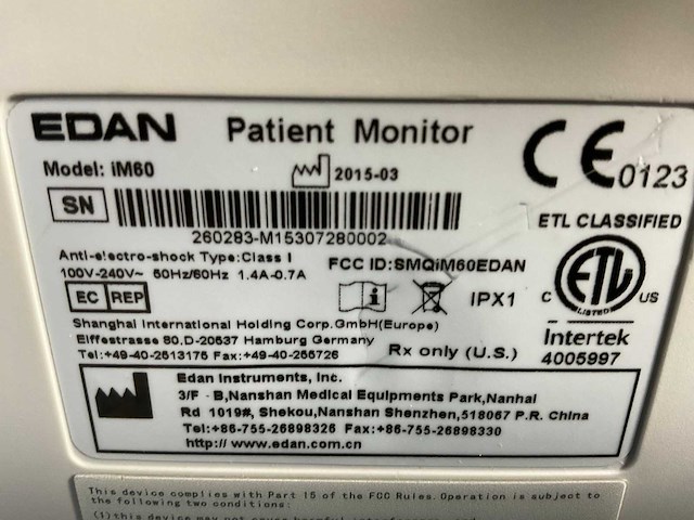 2015 e medical versluis im60 edan bewakingsmonitor; multiparameter (1) - afbeelding 5 van  5