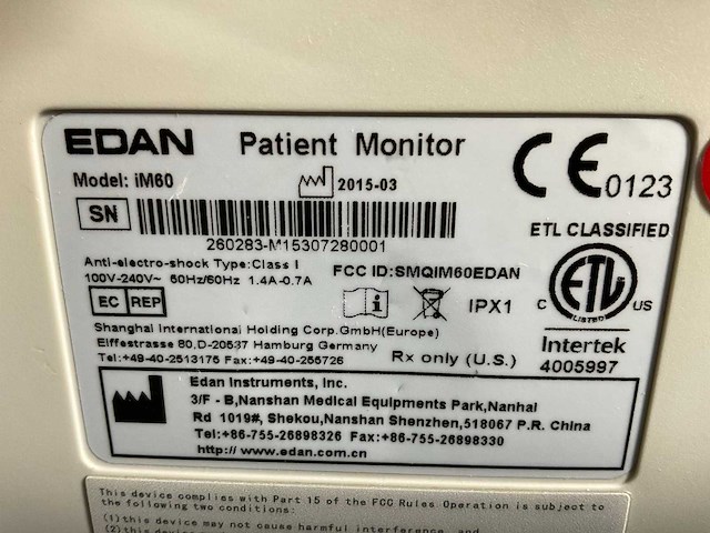 2015 e-medical versluis im60 edan bewakingsmonitor; multiparameter (1) - afbeelding 5 van  5