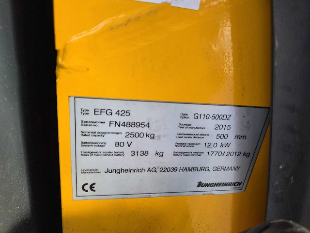 2015 jungheinrich efg 425k 2500kg lepelversteller vorkheftruck - afbeelding 3 van  11