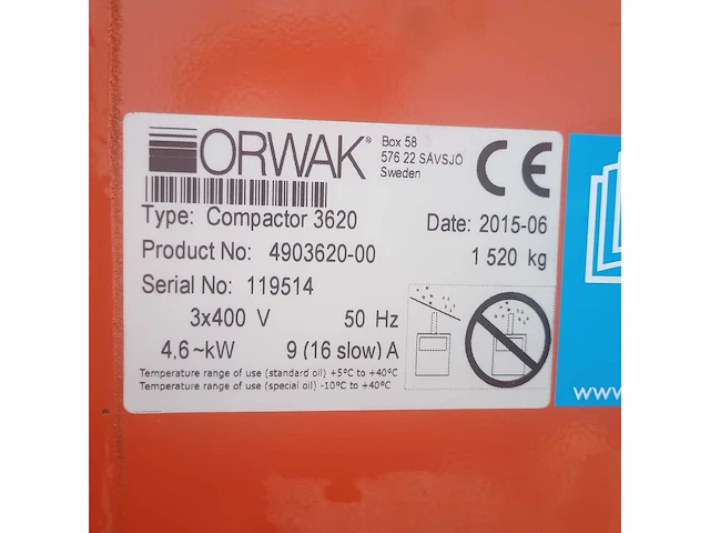 2015 orwak 3620 afvalpers / kartonpers verticale balenpers - afbeelding 9 van  10