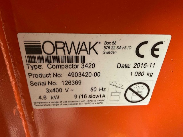 2015 orwak compactor 3420 verticale balenpers / afvalpers - afbeelding 2 van  10
